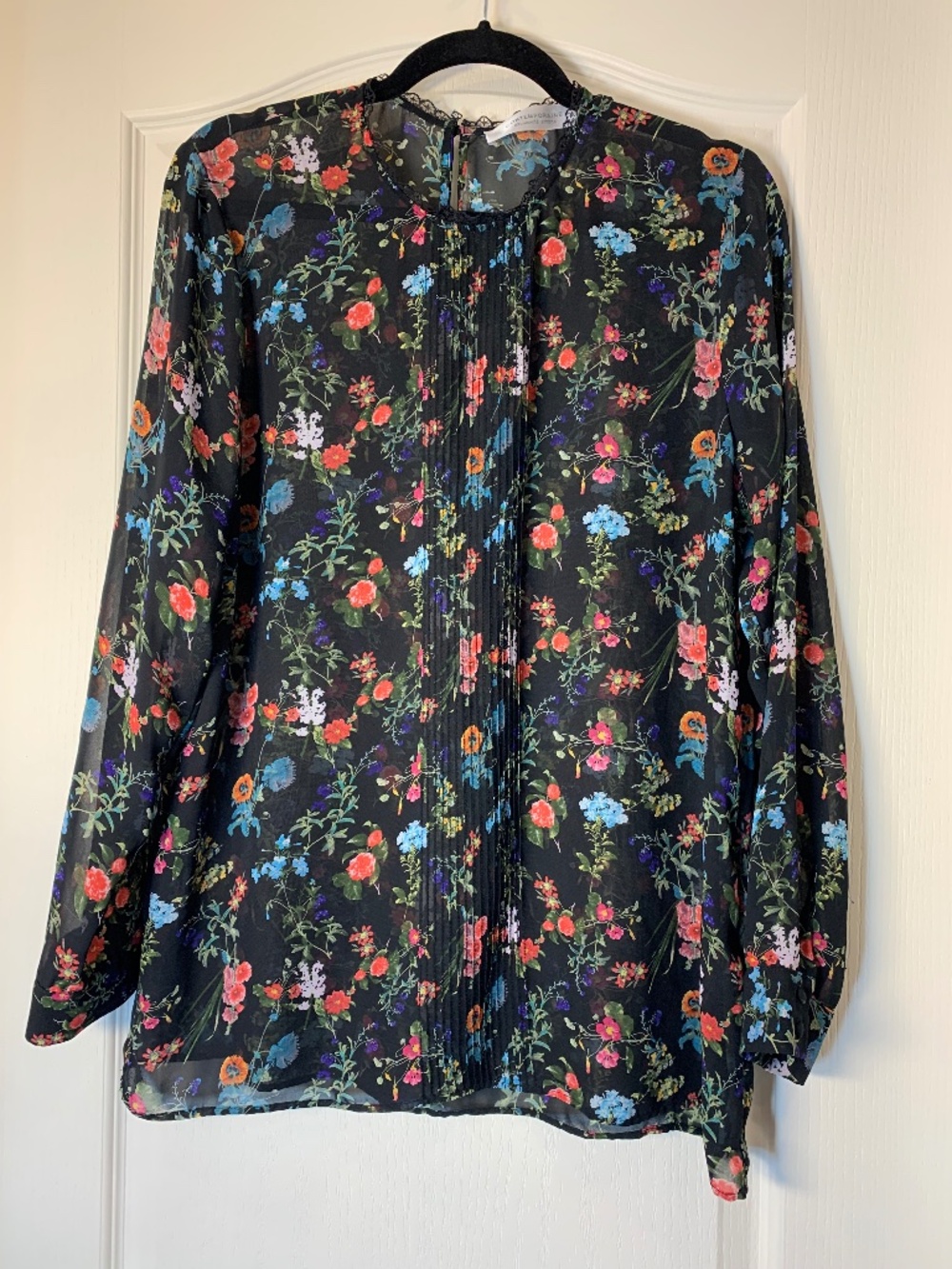 Contemporaine Simons Sheer Floral Blouse Size L Black Romantic Boho Chic Top